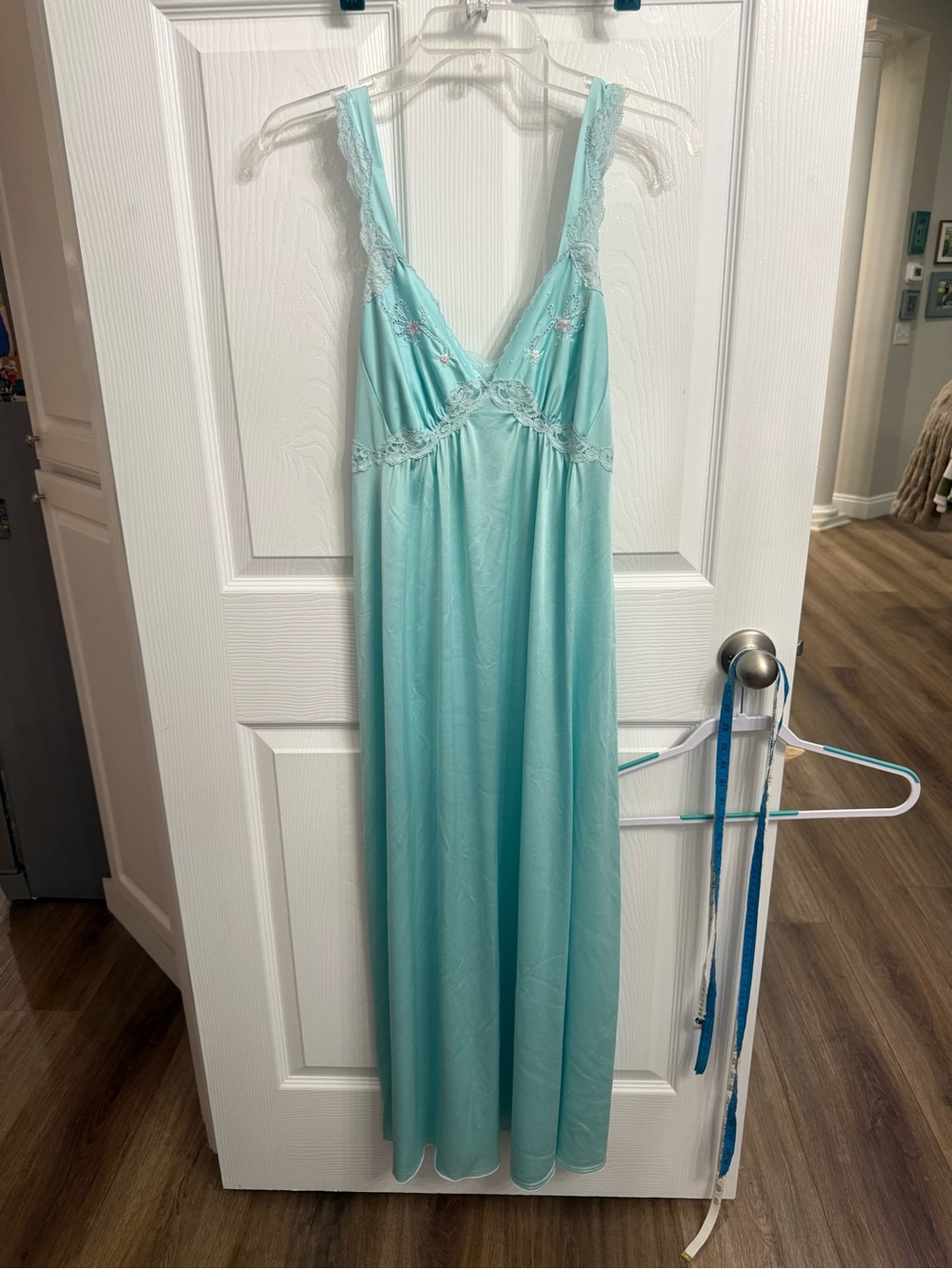 Vintage Shadowline Aqua Blue Long Nightgown M Lace Embroidered 56” Maxi